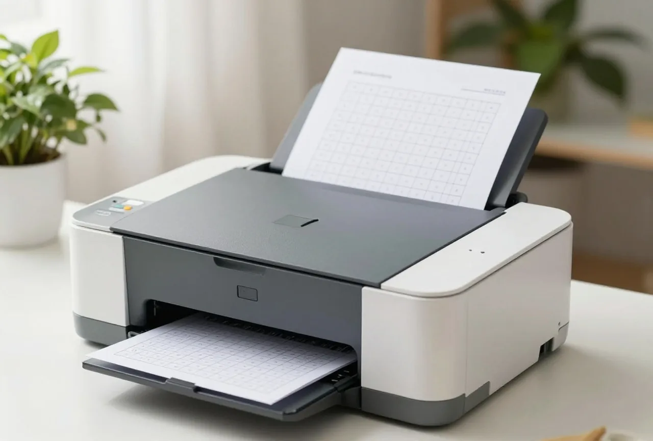Kleiner weißer Drucker auf dem Schreibtisch gibt ein Blatt mit Rätselgitter aus