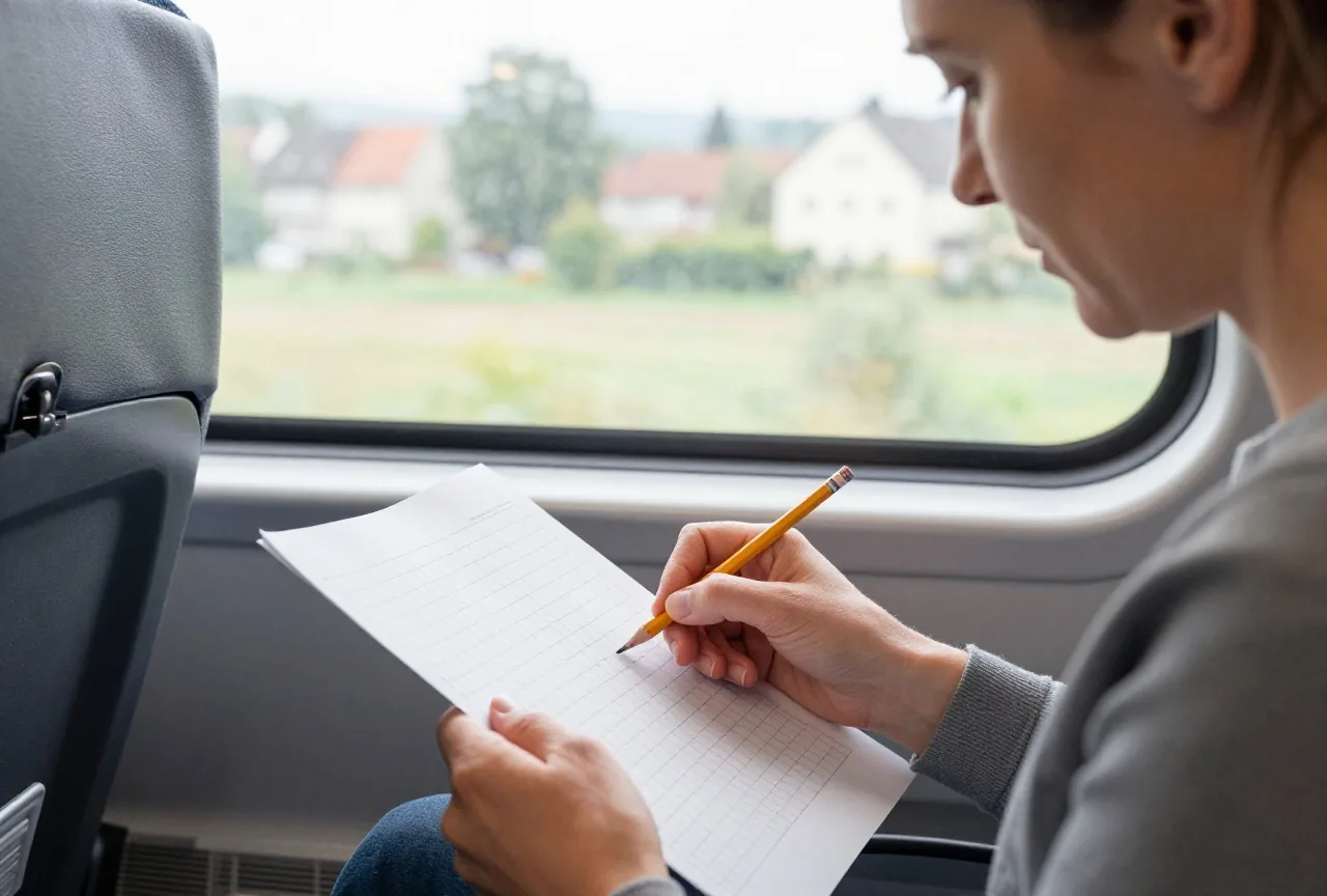Frau um die vierzig löst im Zug ein Rätselgitter auf Papier, draußen zieht Landschaft vorbei