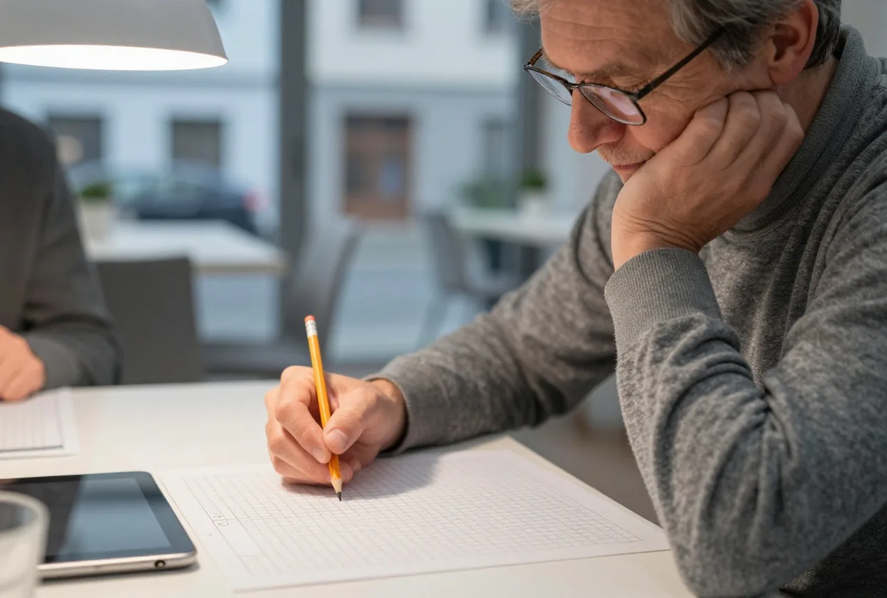 Mann um die sechzig mit Lesebrille denkt am Esstisch über einem Rätselgitter nach, daneben ein umgedrehtes Tablet