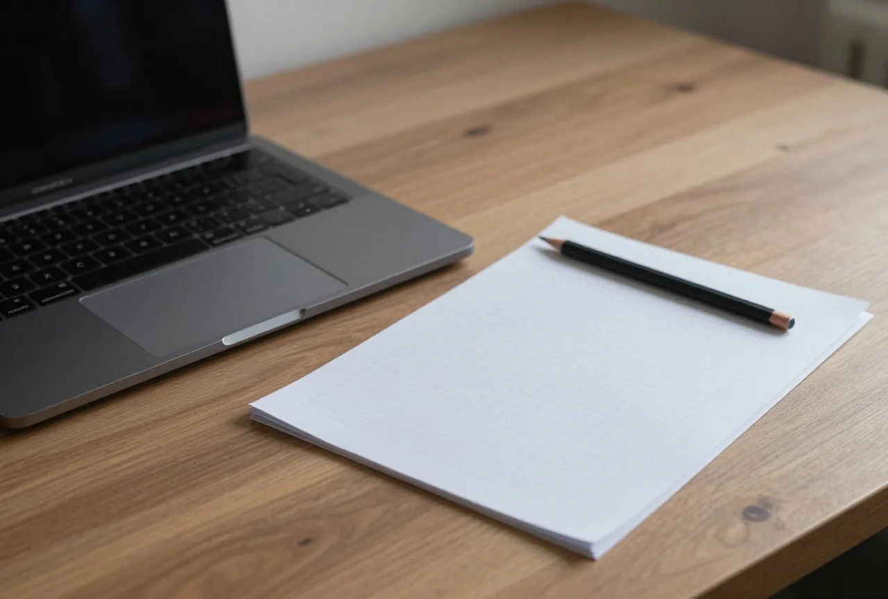 Zugeklappter Laptop auf einem Holztisch neben einem gefalteten Blatt Papier und einem Bleistift