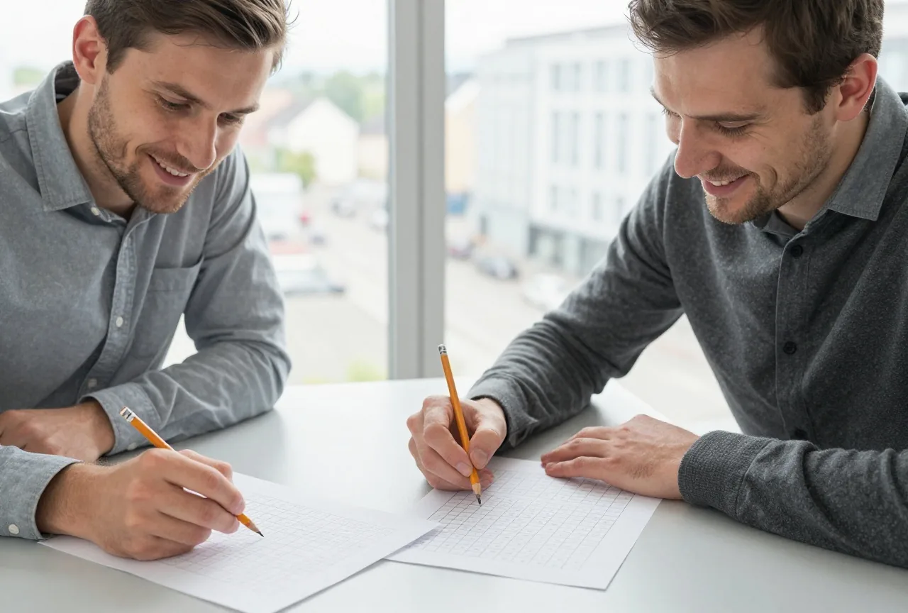 Zwei Kollegen um die dreißig lösen am Pausentisch jeder ein Rätselgitter auf Papier mit Bleistift