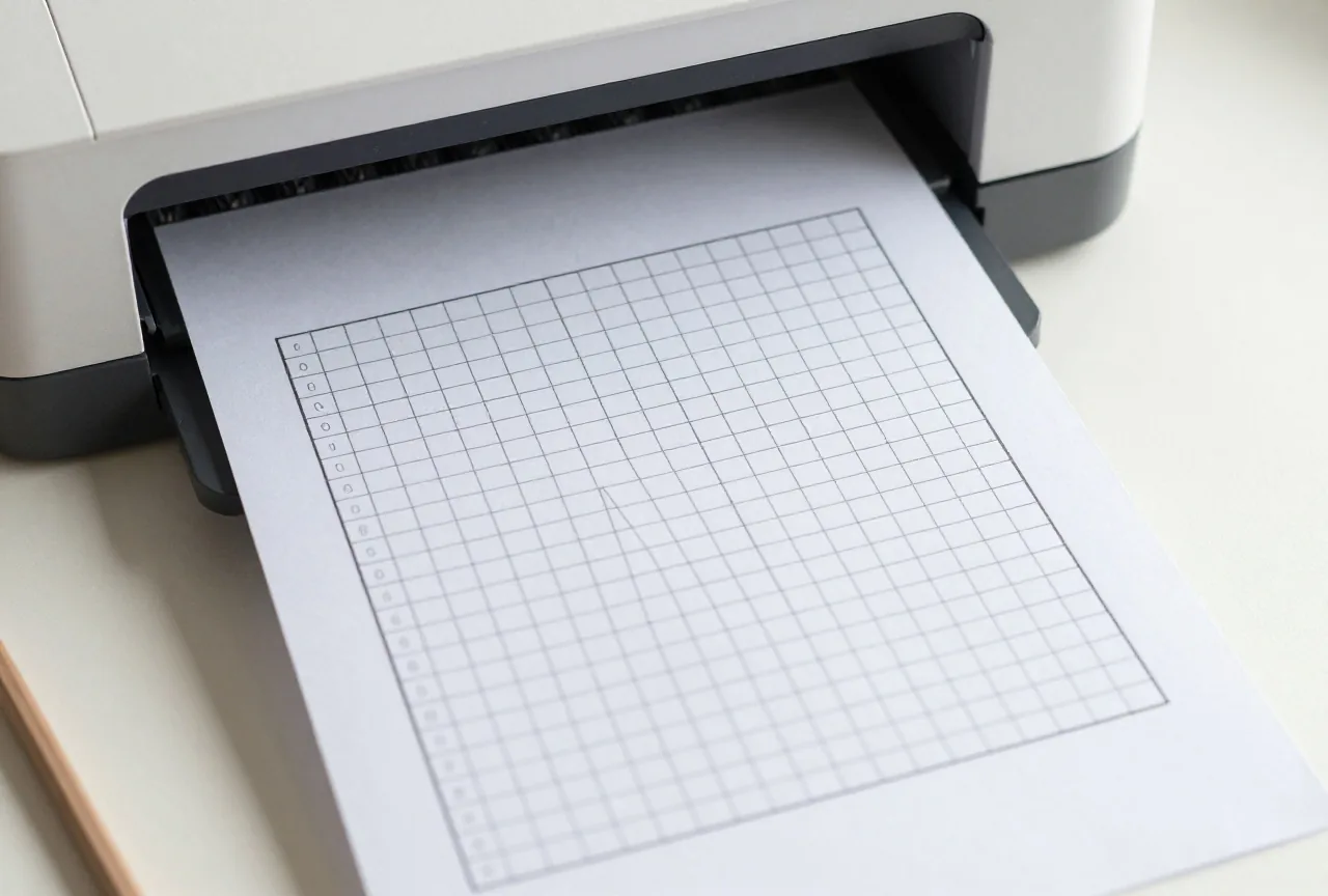 Ein Blatt mit Rätselgitter kommt aus einem kleinen weißen Drucker auf dem Schreibtisch