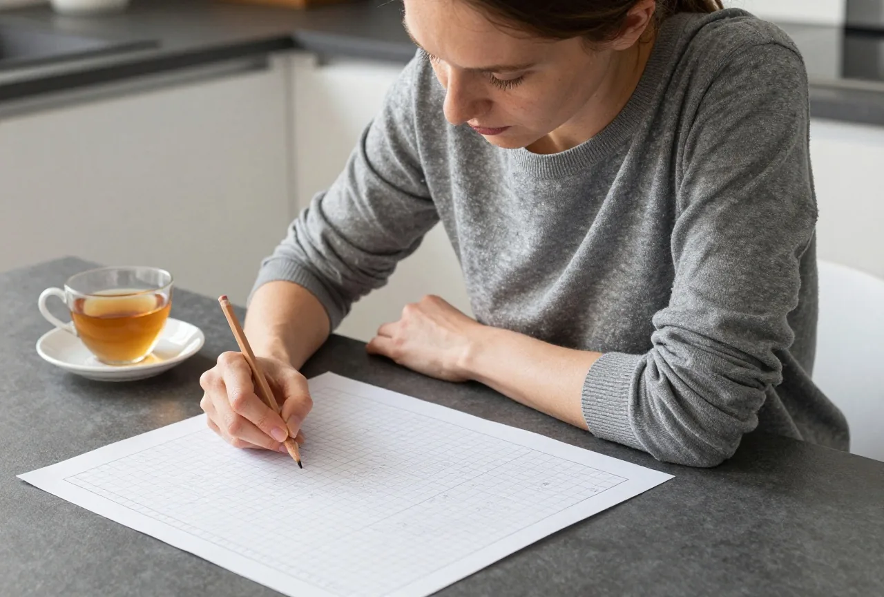 Eine Frau um die dreißig beugt sich am Küchentisch mit einem Bleistift über ein Rätselgitter, daneben eine Tasse Tee