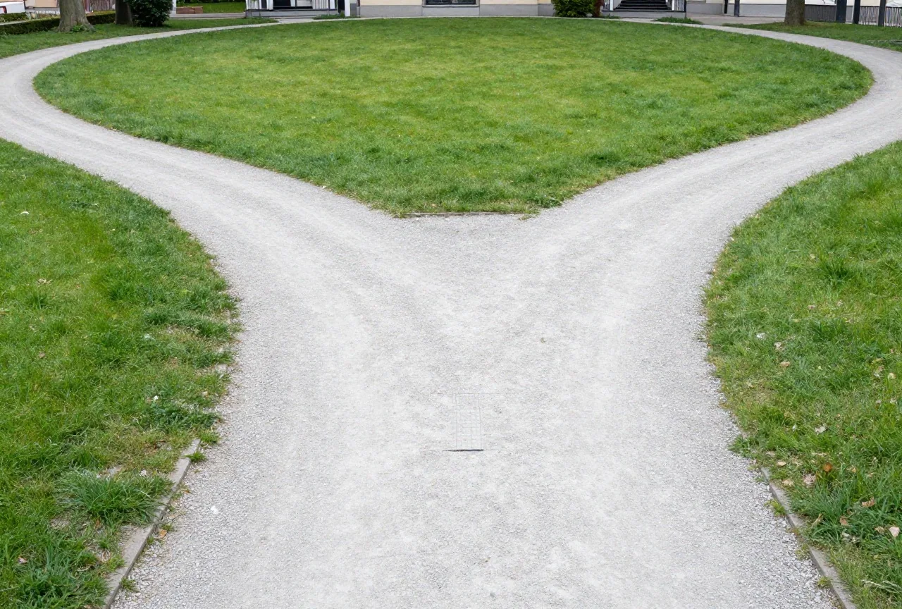 Ein Parkweg von oben, der sich um eine Rasenfläche teilt und weiter hinten wieder zusammenläuft