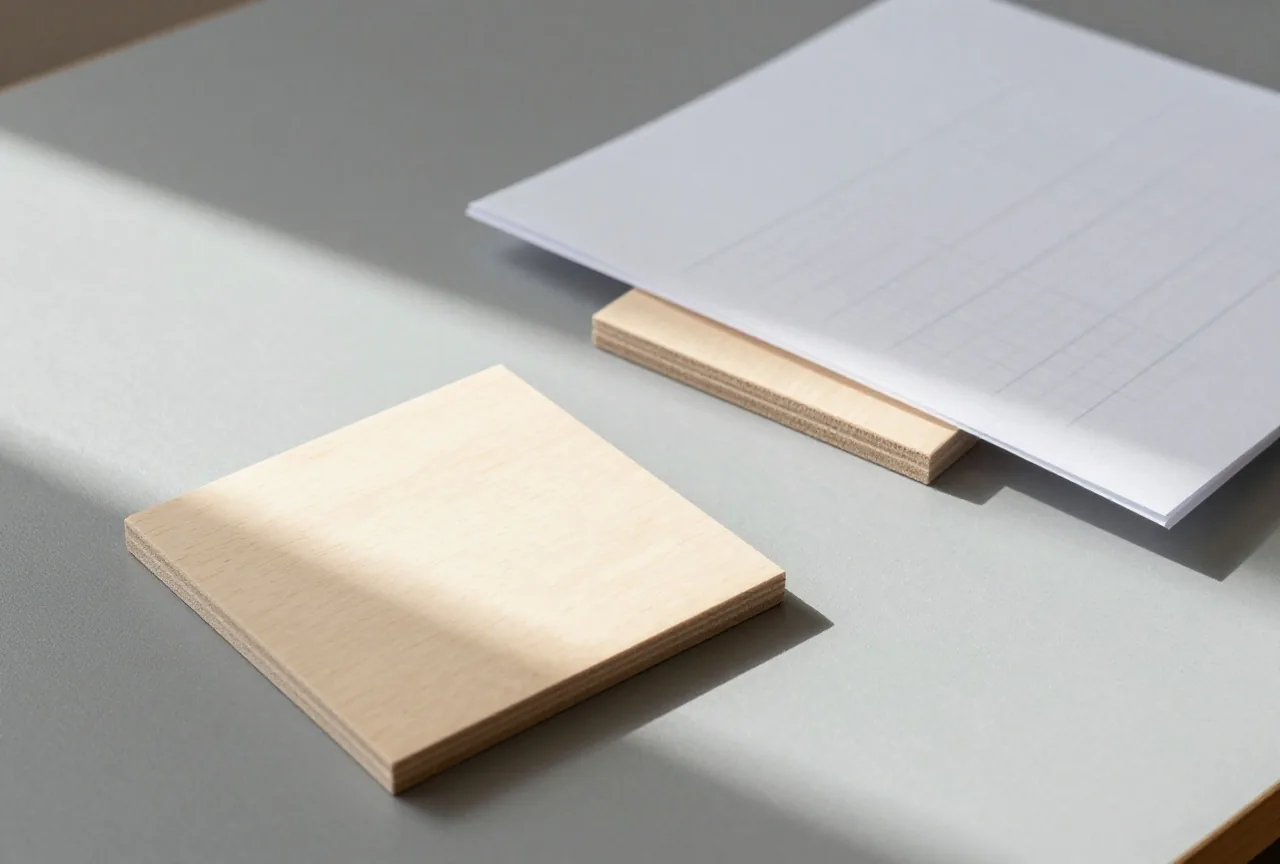 Zwei Holzplättchen auf grauem Tisch, eines im Licht, das andere halb unter gefaltetem Papier versteckt