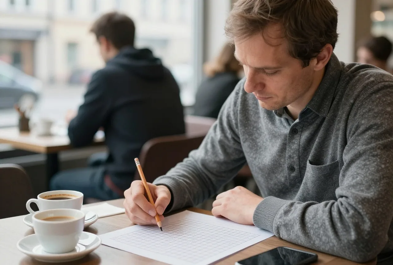 Mann um die fünfzig löst in einem Café ein Rätselgitter mit dem Bleistift, daneben eine Tasse Kaffee