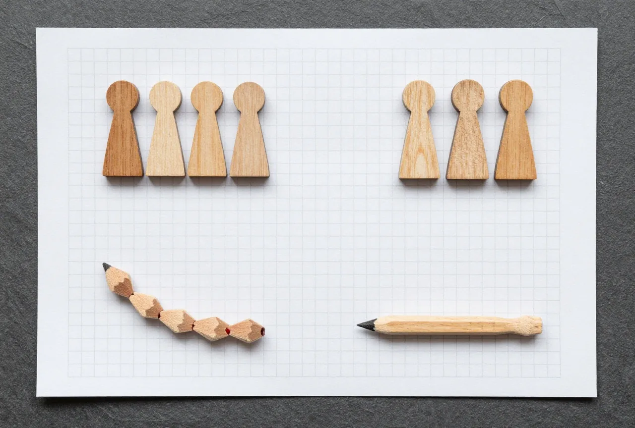 Vier Gruppen von Holzsteinen auf kariertem Papier, angeordnet als Rechteck, Raster, Winkel und kurze Kette