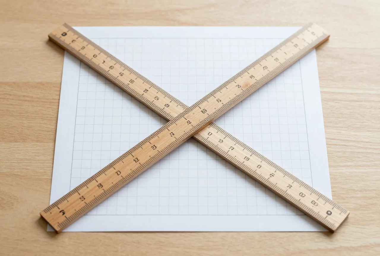 Zwei Holzlineale liegen über Kreuz auf einem karierten Papiergitter auf einem hellen Eichentisch