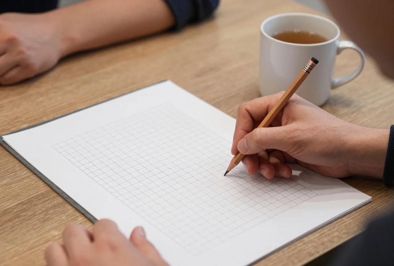 Eine Hand setzt kleine Bleistiftpunkte in ein Papierrätsel, daneben ein Bleistift und eine Tasse Tee