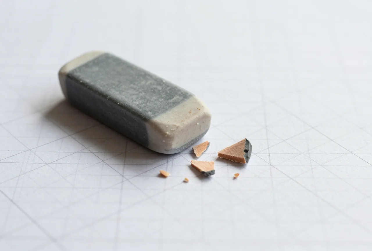 Ein Radiergummi und Radierkrümel auf einem Papiergitter mit blassen Bleistiftnotizen im Seitenlicht