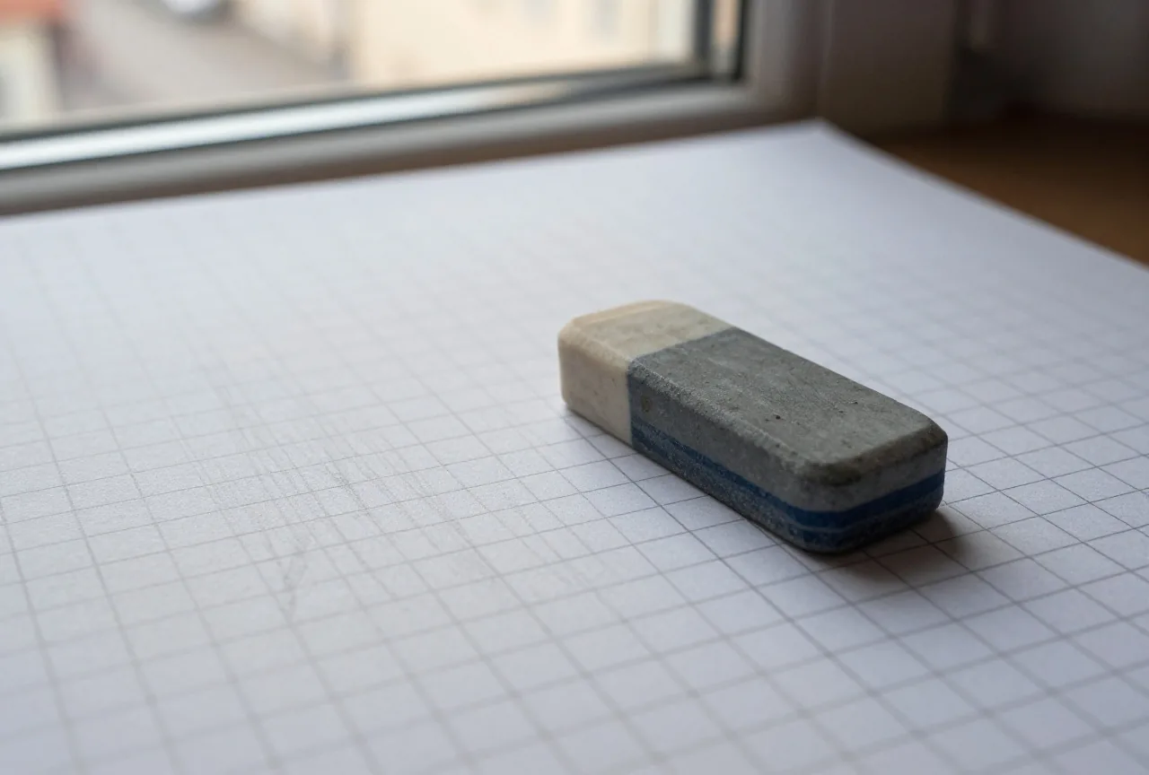 Ein Radiergummi liegt auf einem Papiergitter mit einigen blassen, korrigierten Bleistiftnotizen
