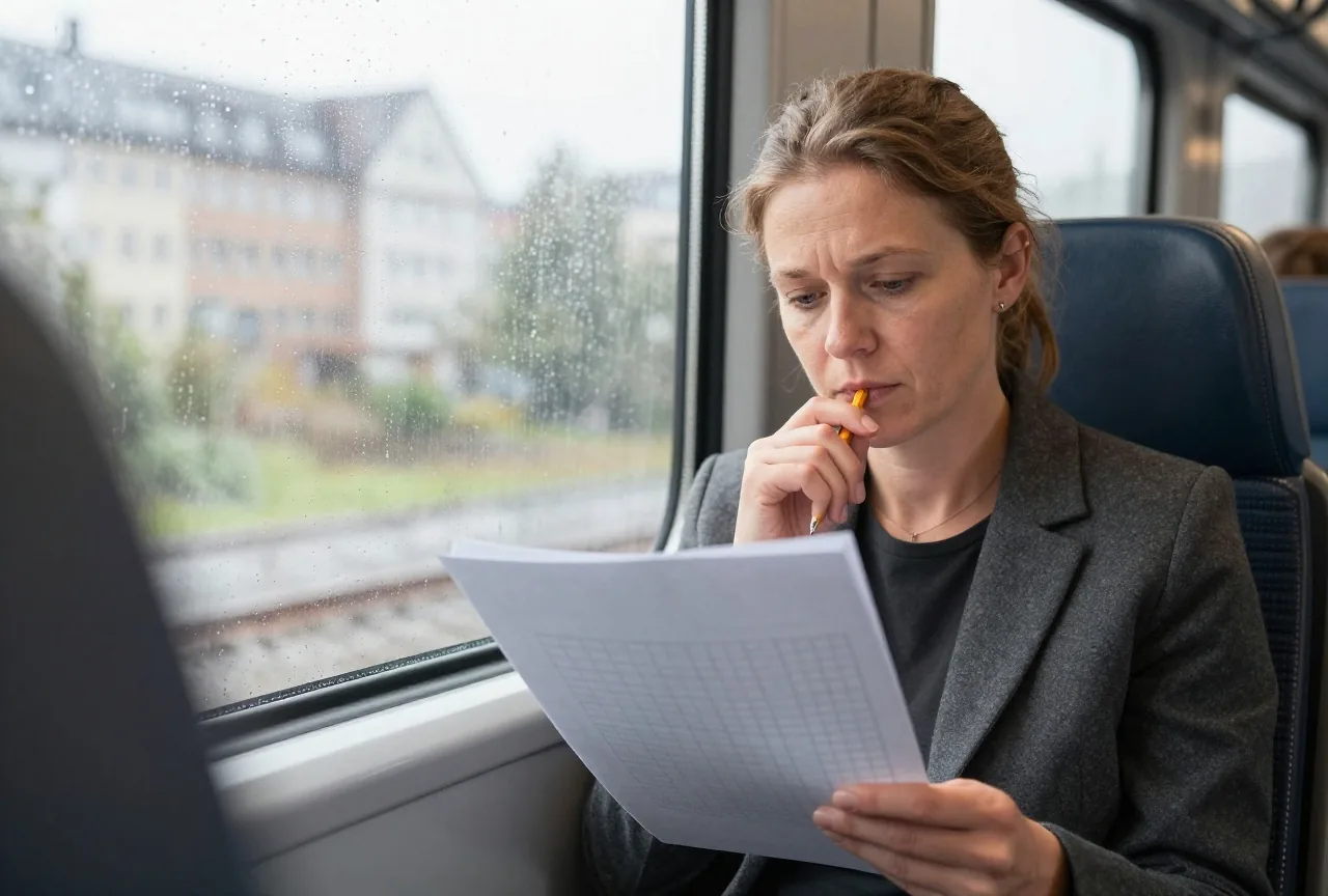 Eine Frau um die fünfzig sitzt morgens im Zug und schaut auf ein gefaltetes Blatt Papier