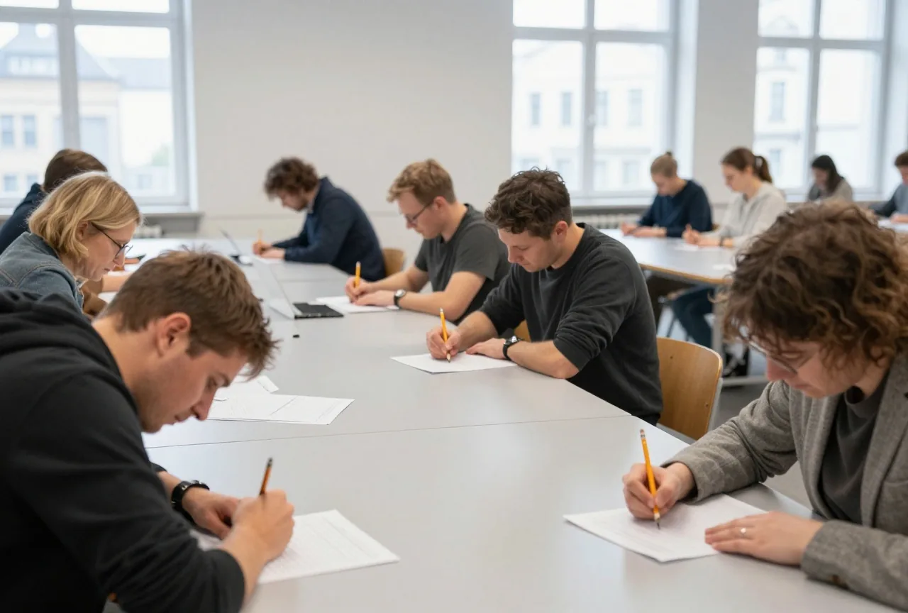 Erwachsene sitzen von hinten gesehen an langen Tischreihen in einem hellen Saal und schreiben mit Bleistift