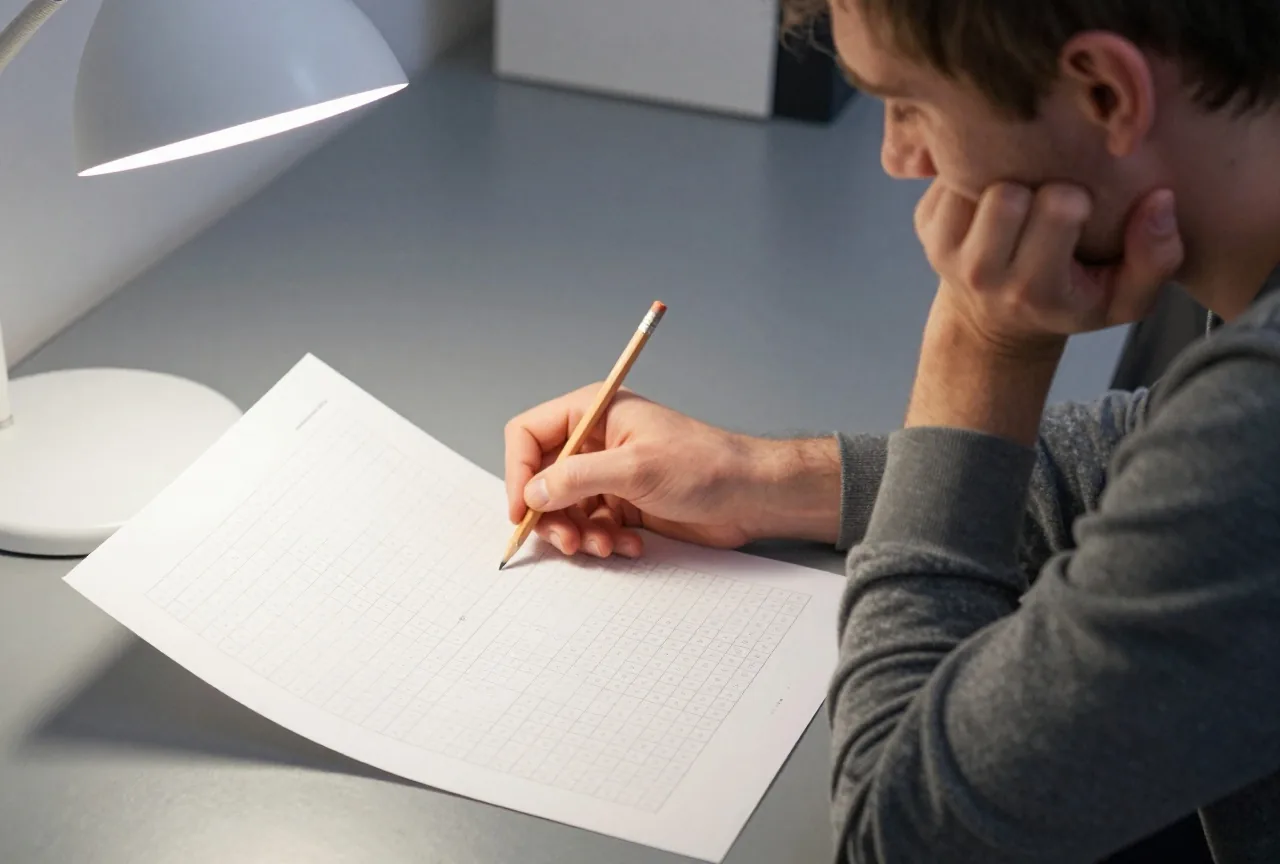 Ein Mann um die dreißig sitzt am Schreibtisch, stützt das Kinn in die Hand und betrachtet ein Rätselgitter