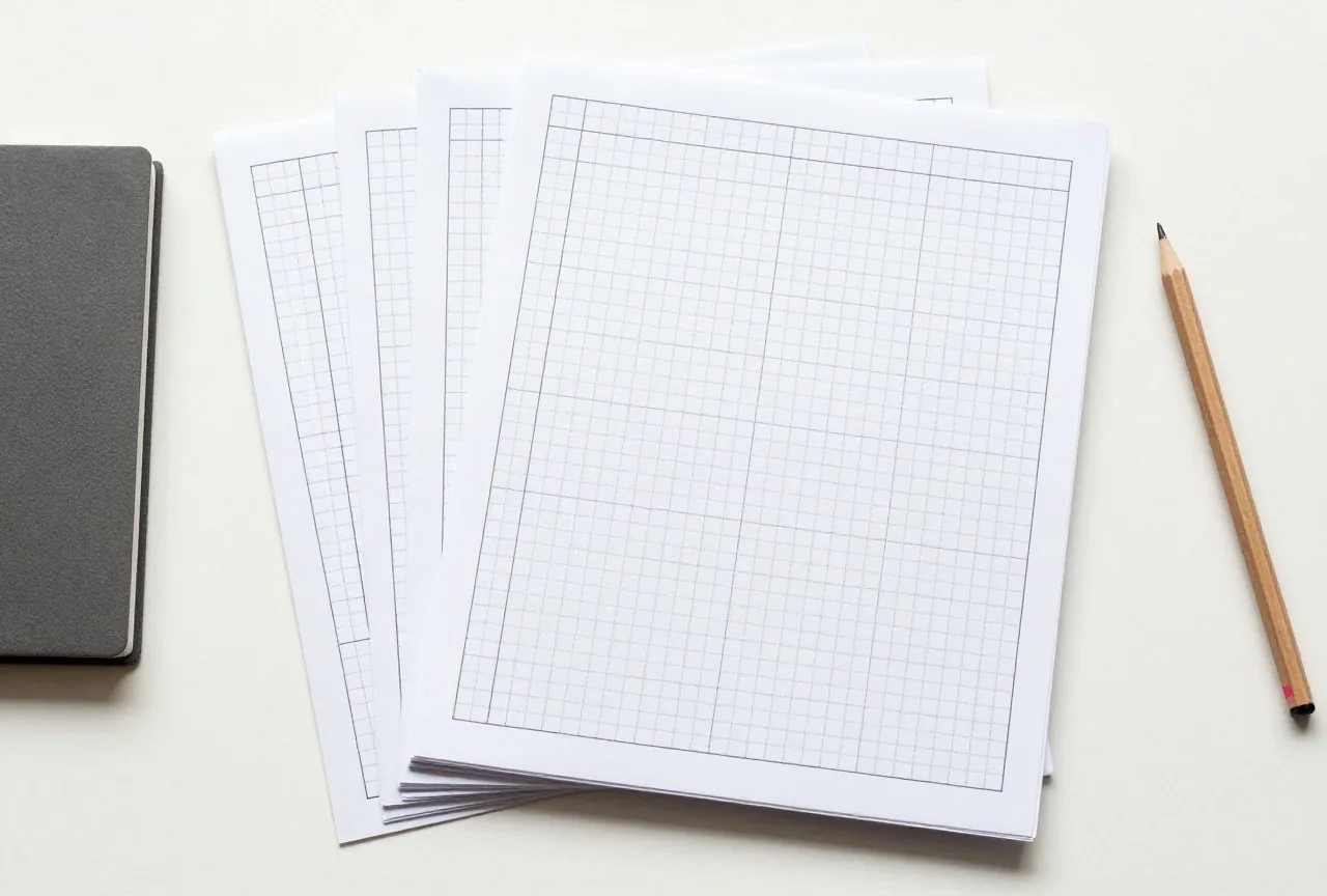 Ein Stapel Rätselblätter mit leeren Gittern liegt neben einem geschlossenen Notizheft und einem Bleistift