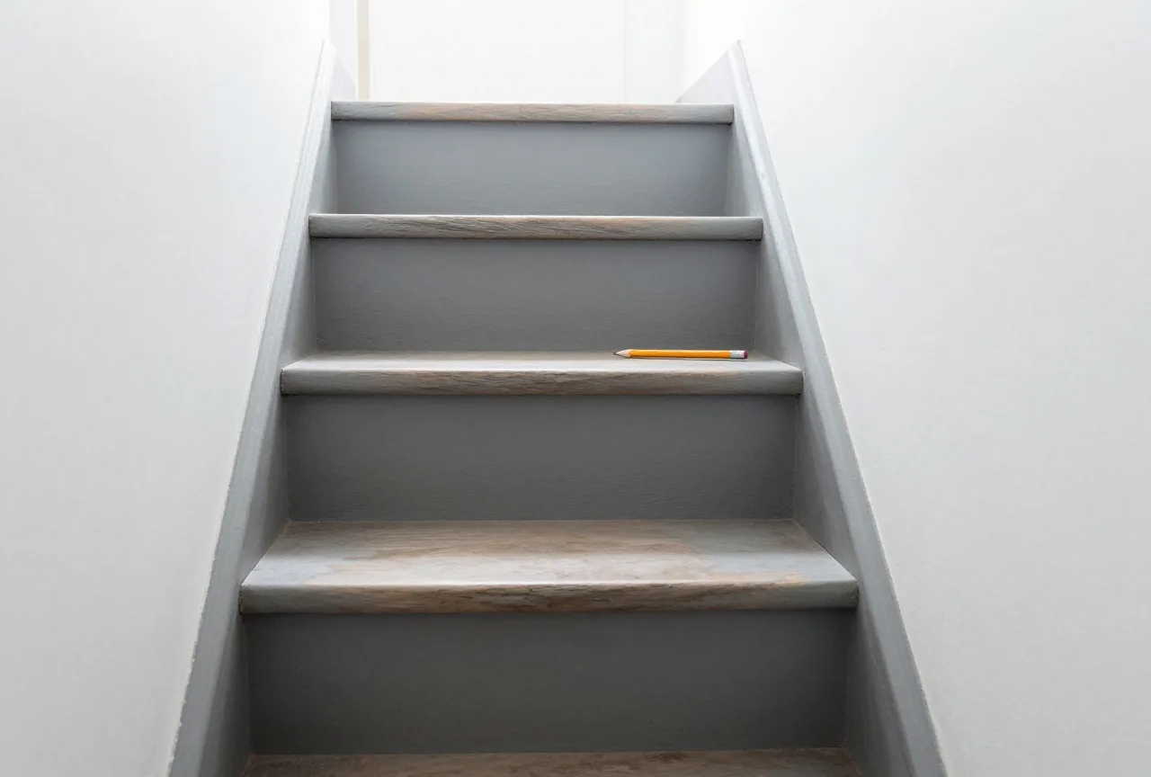 Eine schmale Holztreppe mit vier Stufen in einem hellen Raum, auf der zweiten Stufe liegt ein Bleistift