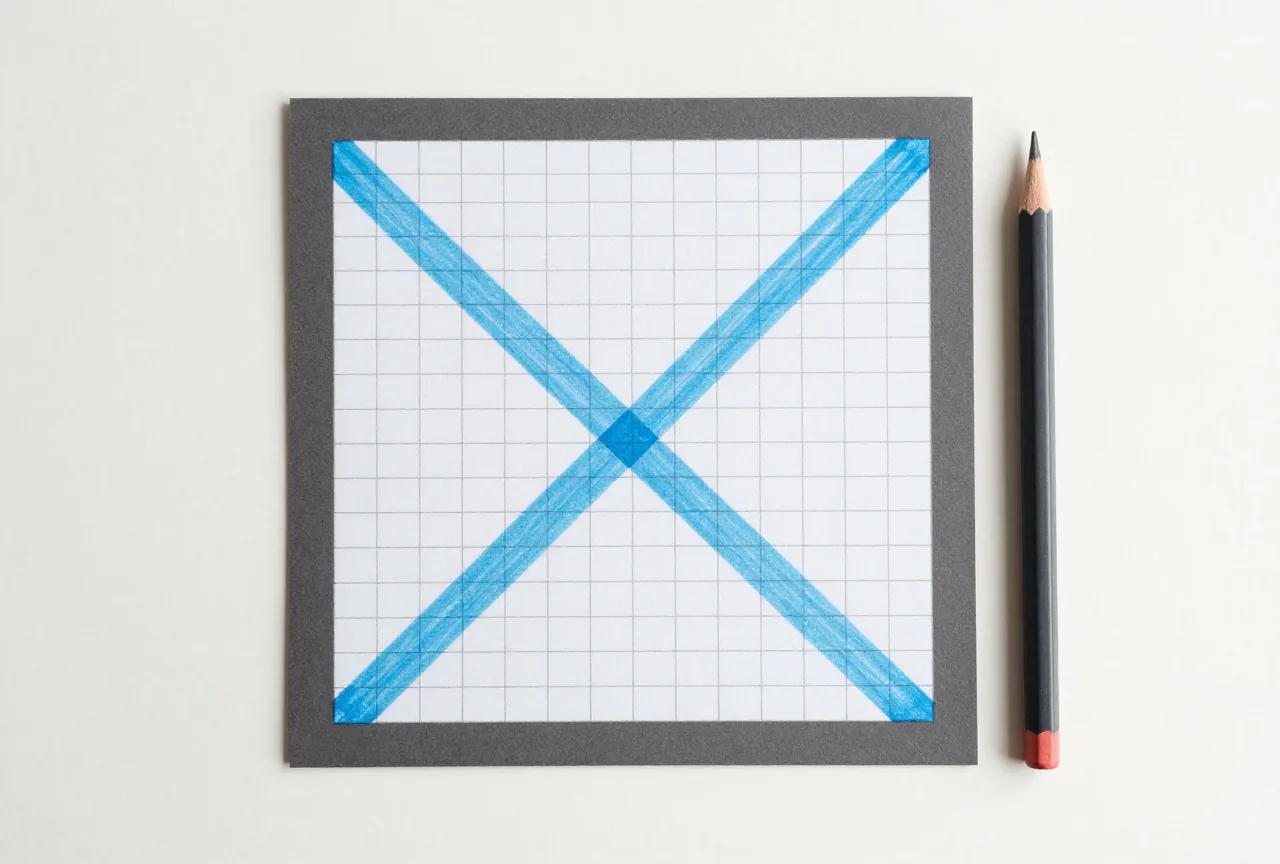 Quadratisches Rätselgitter mit zwei hellblau schattierten Diagonalen, die sich in der Mitte kreuzen