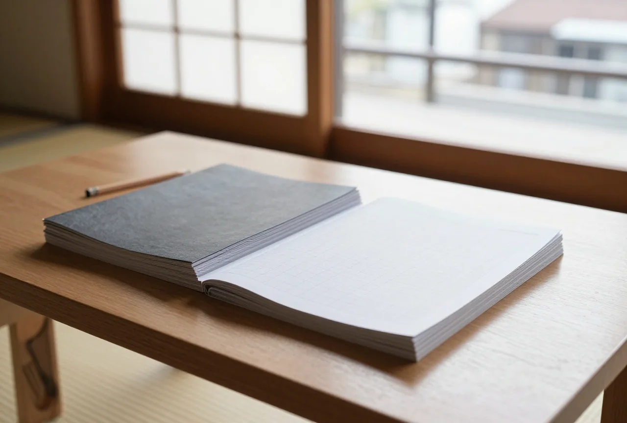Niedriger Holztisch in einem Raum im japanischen Stil mit einem Stapel schlichter Rätselhefte und einem Bleistift