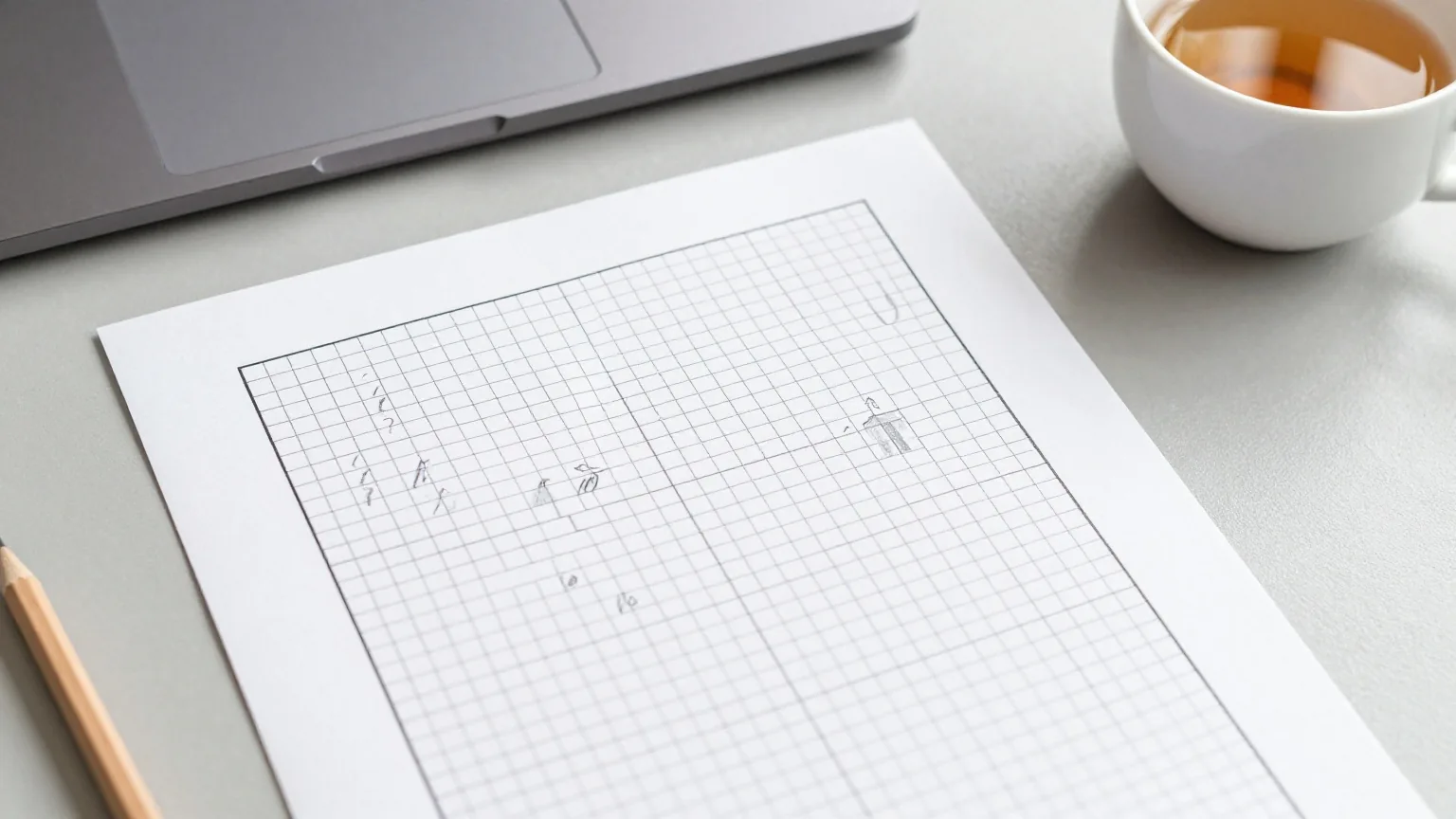 Halb mit Bleistift ausgefülltes Rätselgitter neben einem zugeklappten Laptop und einer Tasse Tee auf grauem Schreibtisch