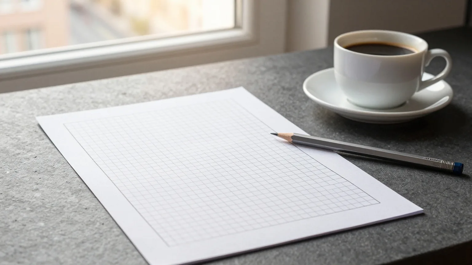 Rätselgitter auf einem Blatt Papier neben einer Kaffeetasse auf dem Küchentisch im Licht der aufgehenden Sonne