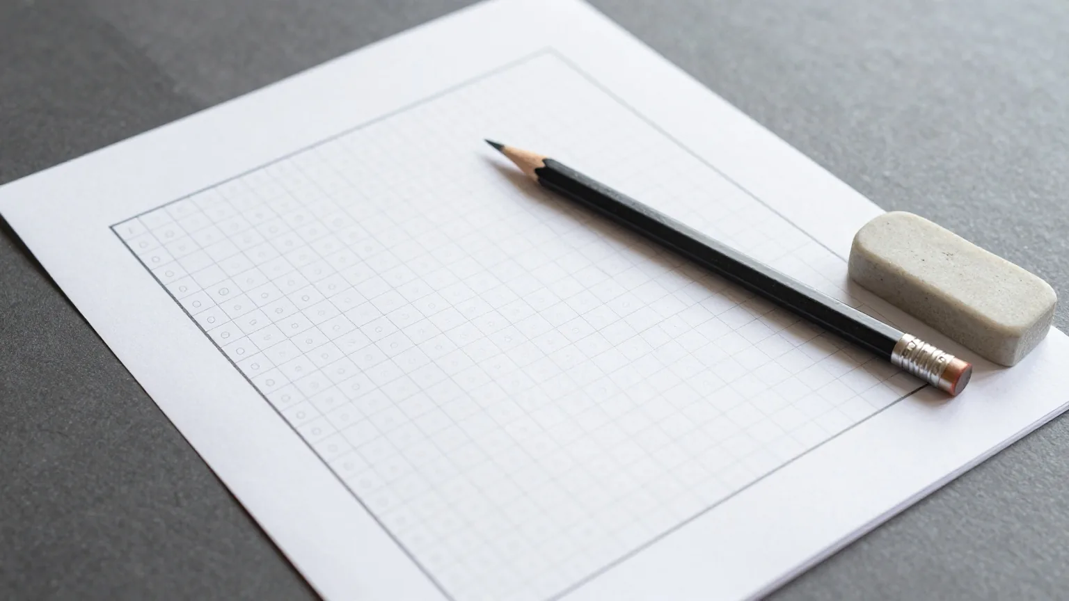 Rätselgitter auf Papier mit vielen kleinen Bleistiftnotizen, darauf ein Bleistift und ein Radiergummi