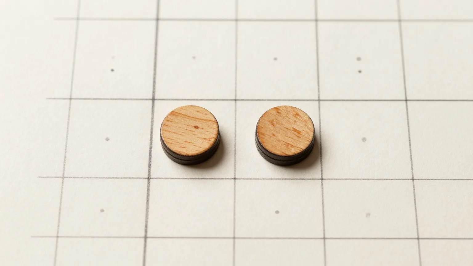 Zwei runde Holzplättchen liegen nebeneinander in einem gezeichneten Gitter auf cremefarbenem Papier mit feinen Bleistiftpunkten