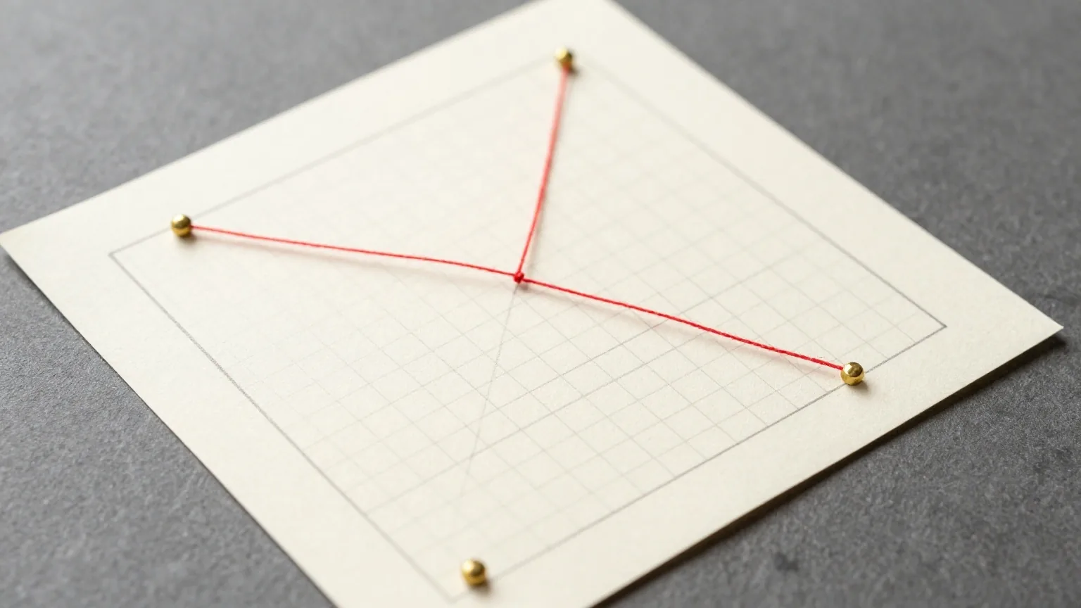 Vier Messingnadeln an den Ecken eines Rechtecks auf einem gezeichneten Gitter, dazwischen ein diagonal gespannter roter Faden