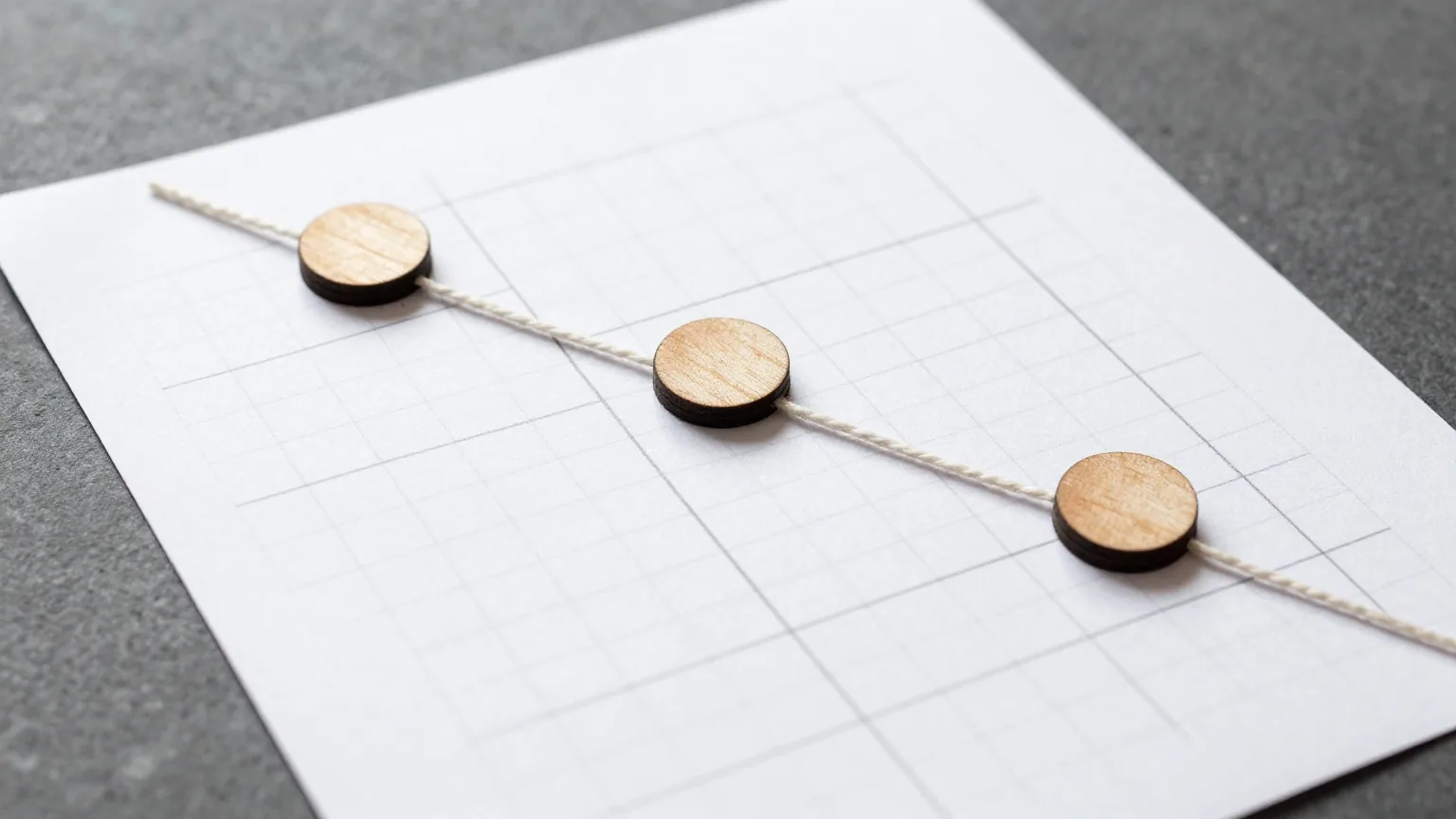 Drei runde Holzsteine auf einem gezeichneten Gitter, durch zwei kurze Schnüre zu einem Winkel verbunden