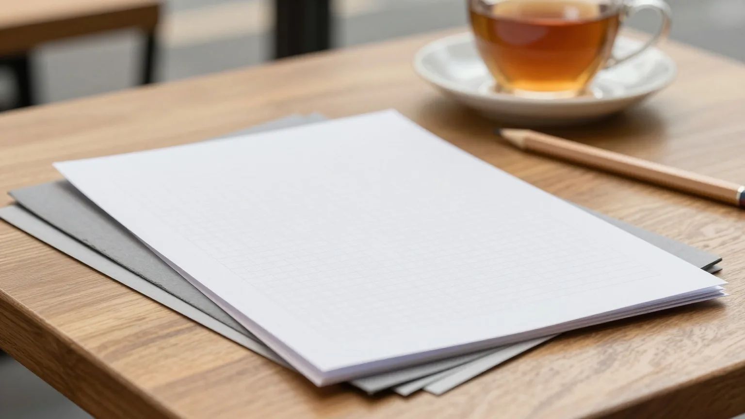 Einige gefaltete graue Papierbögen liegen mit einem gespitzten Bleistift neben einer Teetasse auf einem Holztisch
