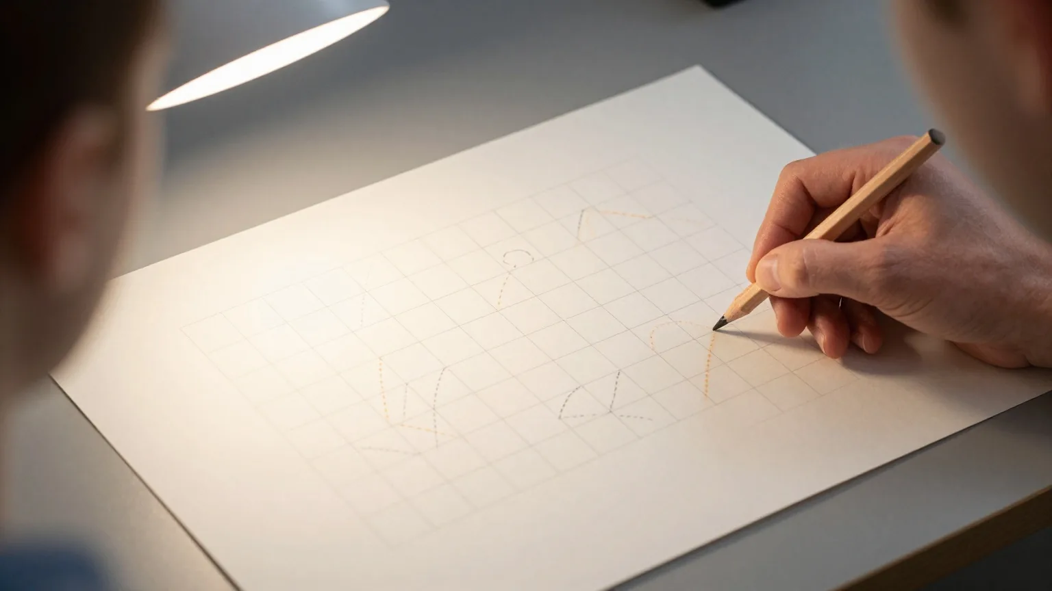 Ein gezeichnetes Gitter auf cremefarbenem Papier mit gestrichelt umrandeten, zart eingefärbten Zellgruppen und einem Bleistift