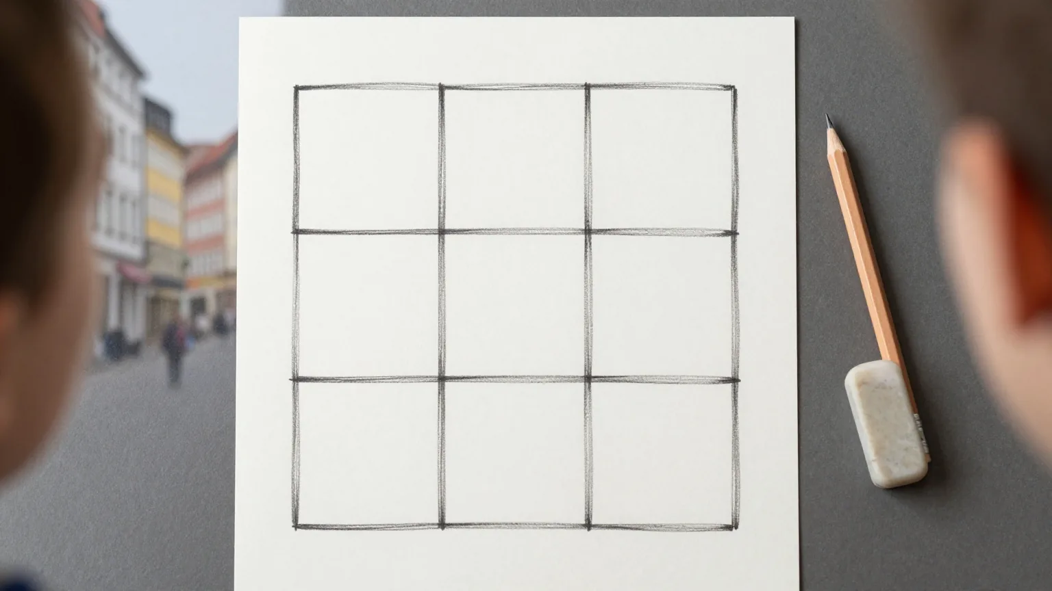 Ein leeres, von Hand gezeichnetes Gitter mit dicken Blocklinien auf cremefarbenem Papier, daneben Bleistift und Radiergummi